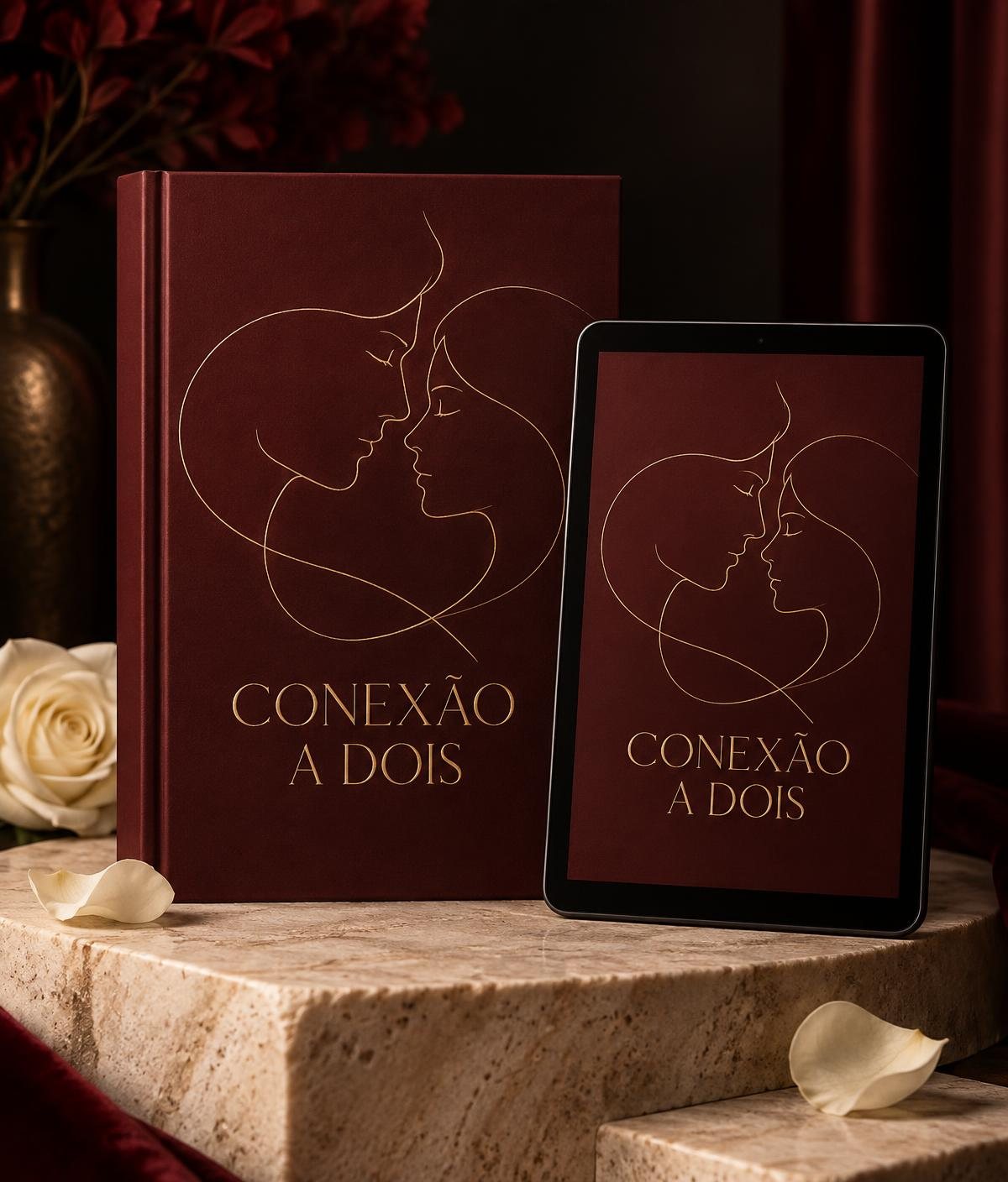 Mockup do e-book Conexão a Dois em livro e tablet